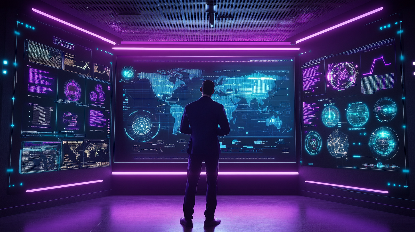 CIO Services - Kreis Technical Services futuristic boardroom scene with a tech executive in a suit, large digital dashboards showing KPIs, IT metrics and network maps, glowing interface elements, isometric style, neon lighting, cyberpunk blue and purple tones