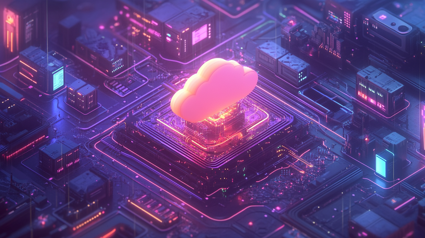 multiple devices syncing with a glowing central cloud above a stylized datacenter, data streams and cloud icons, isometric tech illustration, soft blue and violet gradients
