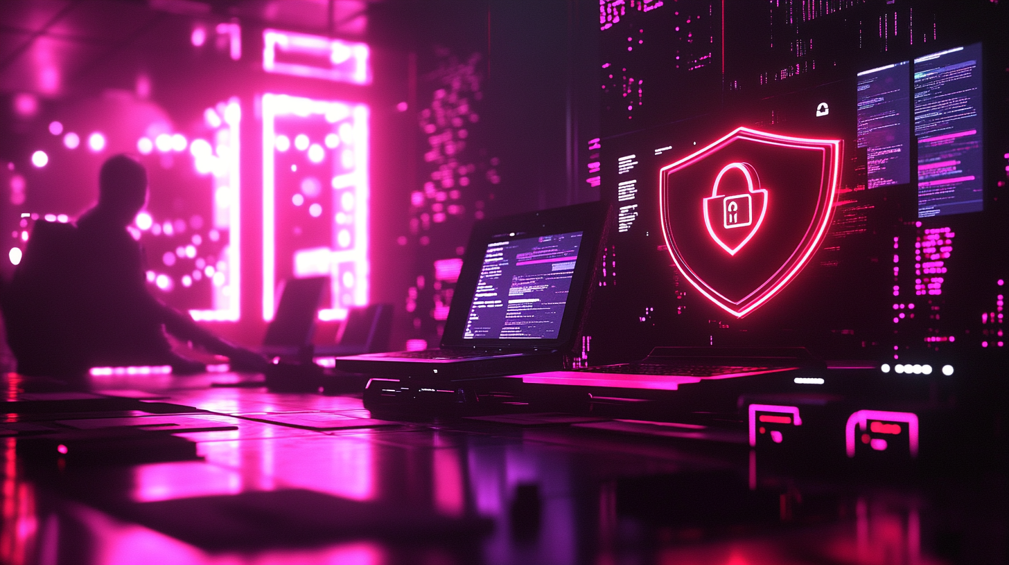 glowing digital shield with warning alerts on screens, a laptop surrounded by security icons (padlocks, firewalls), shadowy hacker silhouette in background, dark cyber environment with neon red and purple highlights