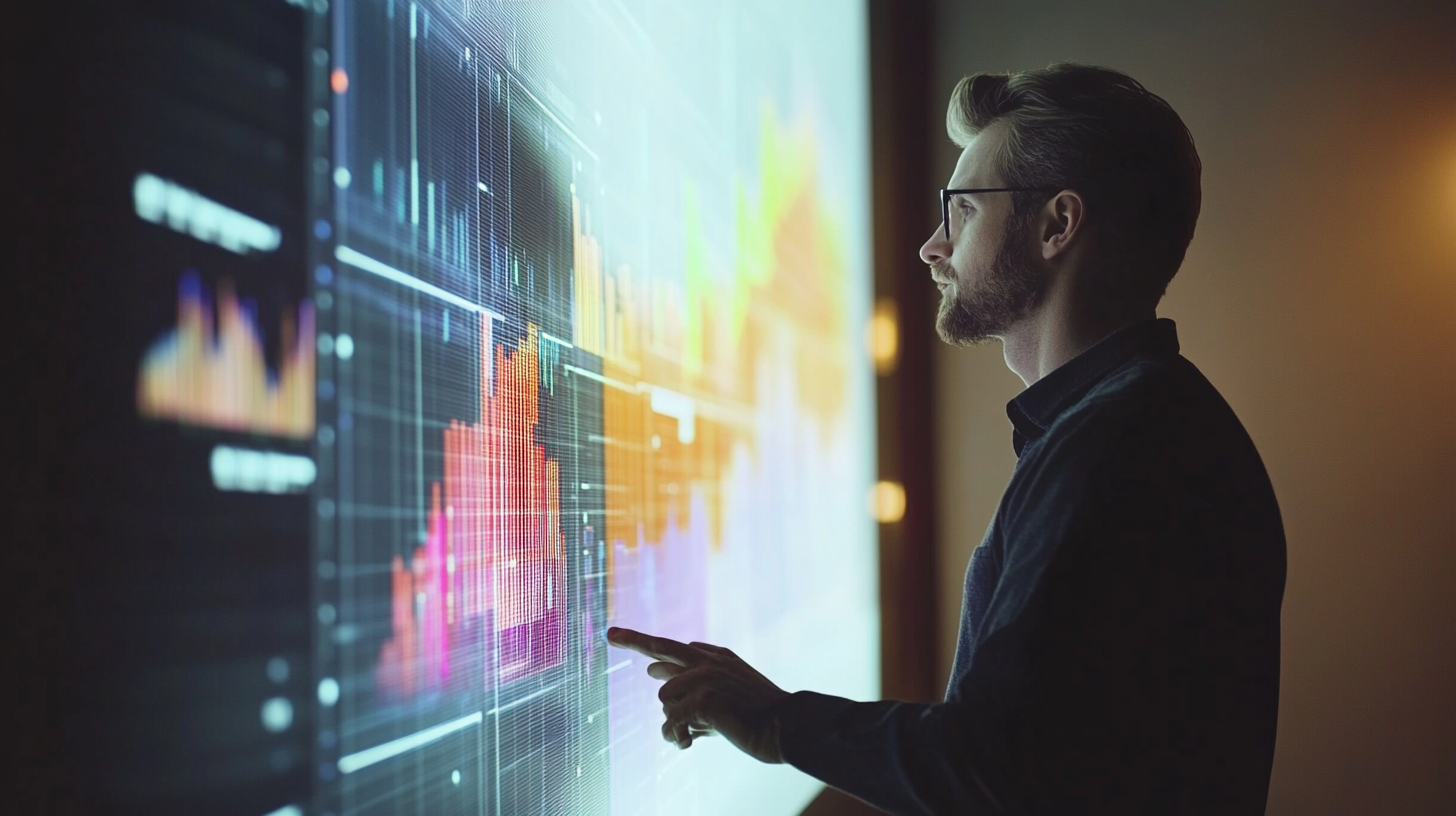 IT Consulting - Kreis Technical Services tech consultant and business owner reviewing digital strategy on a large screen, charts, diagrams, network plans visible, modern meeting room with floating data overlays, clean isometric tech style with daylight tones