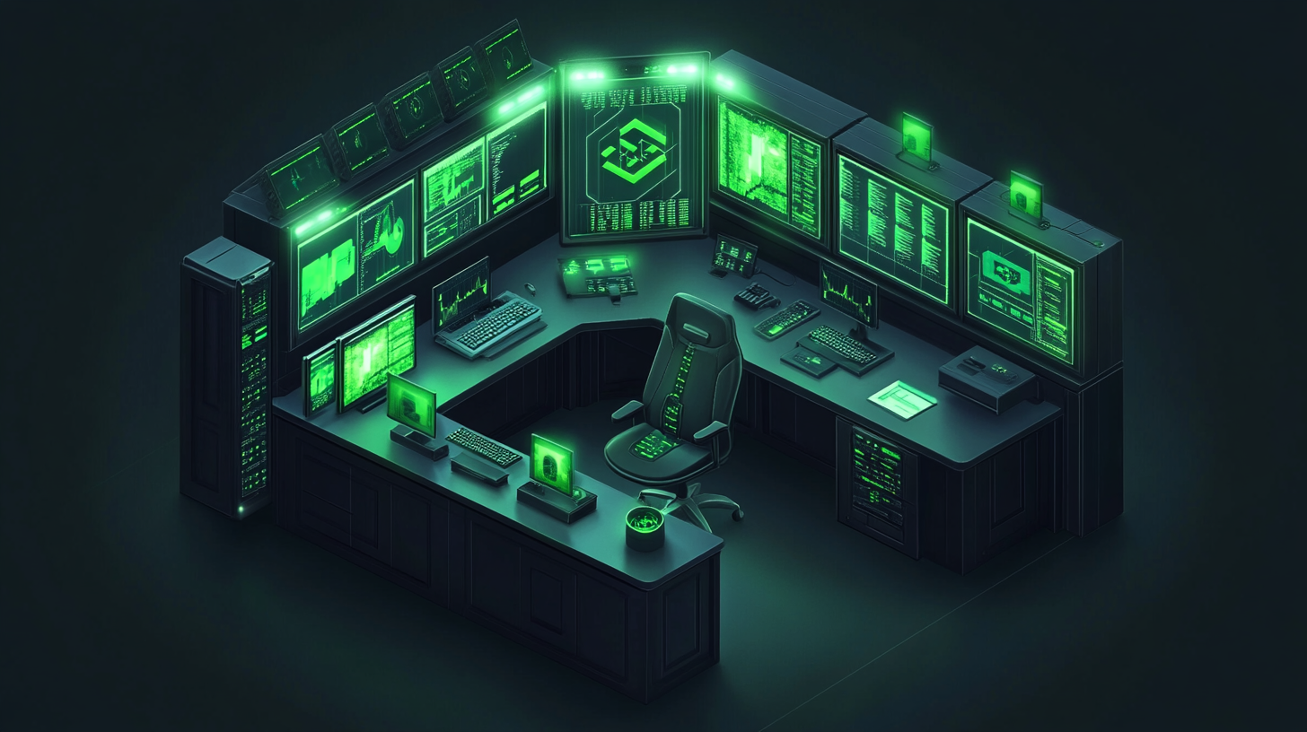 Managed Services - Kreis Technical Services control room with multiple monitors displaying uptime dashboards, device status, system health, glowing green indicators, IT operator at desk monitoring network, high-tech cyber environment