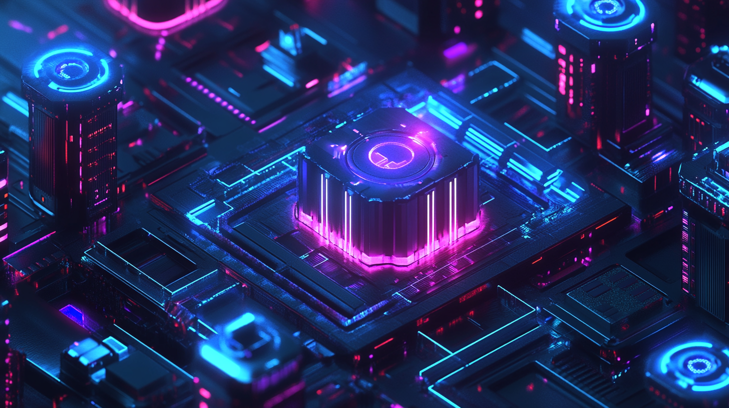 Network Security - Kreis Technical Services futuristic digital fortress protecting a datacenter, glowing perimeter lines, floating firewall and MFA icons, cybersecurity team reviewing access control, dark environment with neon blue and purple lighting