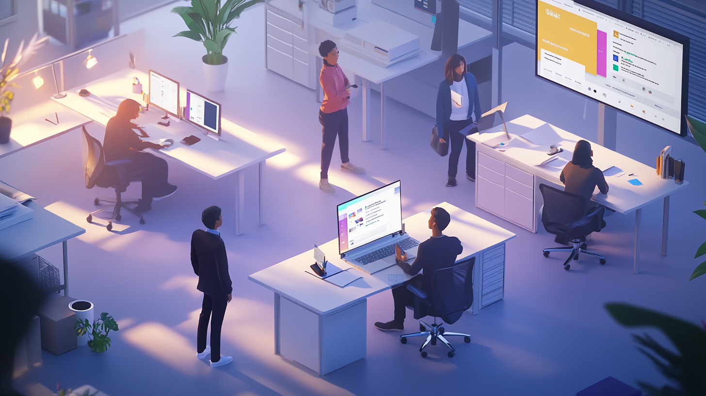 modern office with diverse team using Microsoft Office apps, laptop with Word doc, screen showing Teams video call, SharePoint dashboard, clean workspace, glowing productivity icons, daylight-lit isometric illustration