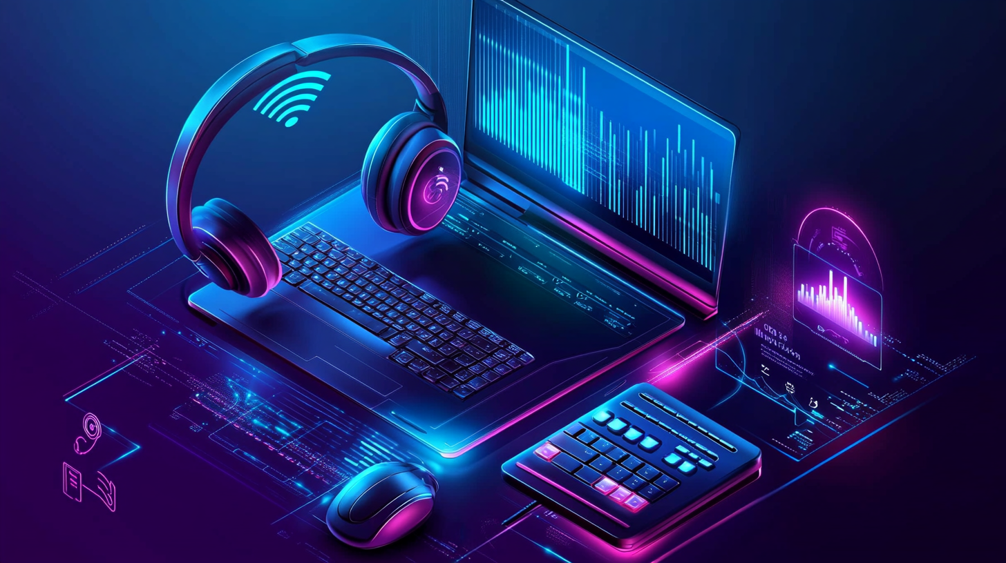 VOIP Systems - Kreis Technical Services modern business communication setup, VOIP call across devices (desk phone, laptop, headset), floating call icons, audio waves, tech support dashboard, glowing blue and purple color scheme