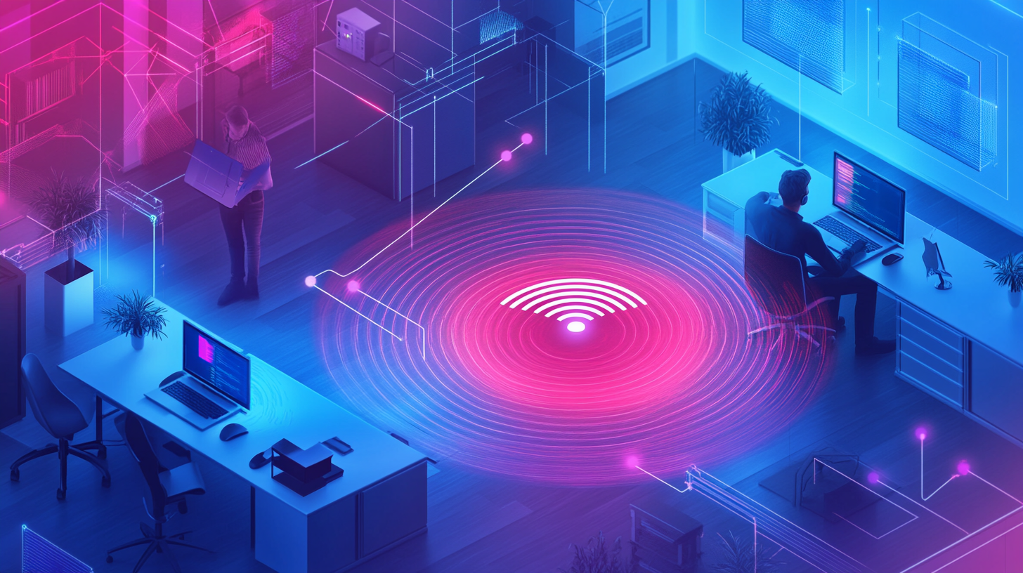 Wi-Fi - Kreis Technical Services technician installing ceiling-mounted Wi-Fi access point, signal waves radiating through large office floorplan, glowing heatmap-style coverage, mesh network overlay, modern tech environment